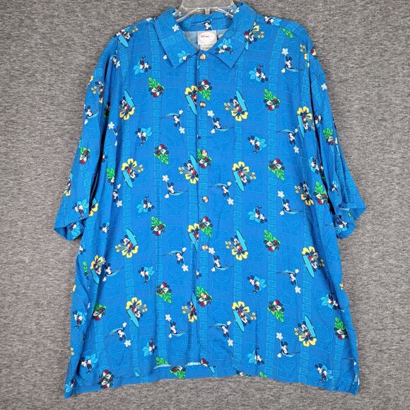 Disney Store Shirt Mens XL Blue Mickey Mouse Hawaiian Tiki Surf Exclusive - Picture 1 of 9